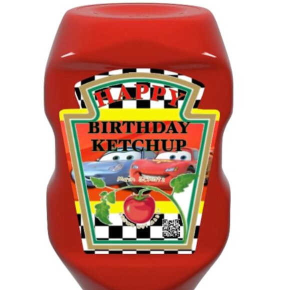 Happy Birthday Custom Ketchup Bottle Labels, Racing-Car Design Label, 500ml Set - Picture 1 of 4